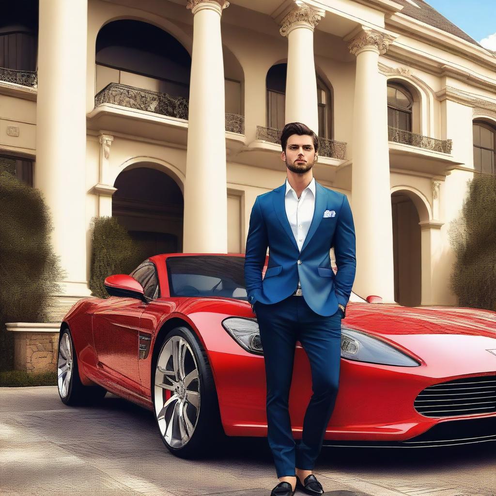 A vibrant digital art image showcasing a handsome, wealthy young man standing in front of his grand house with his sports car parked beside him