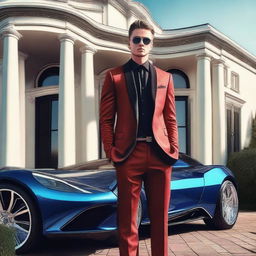 A vibrant digital art image showcasing a handsome, wealthy young man standing in front of his grand house with his sports car parked beside him