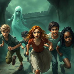 A thrilling fantasy scene set in the haunting Bahngarh Fort in India, featuring seven teenagers in a moment of panic, depicted with realistic details