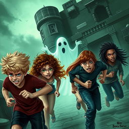 A thrilling fantasy scene set in the haunting Bahngarh Fort in India, featuring seven teenagers in a moment of panic, depicted with realistic details