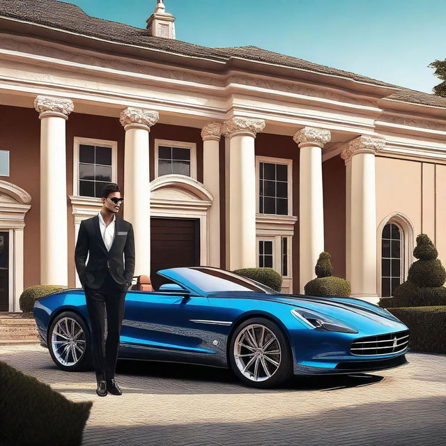 A vibrant digital art image showcasing a handsome, wealthy young man standing in front of his grand house with his sports car parked beside him