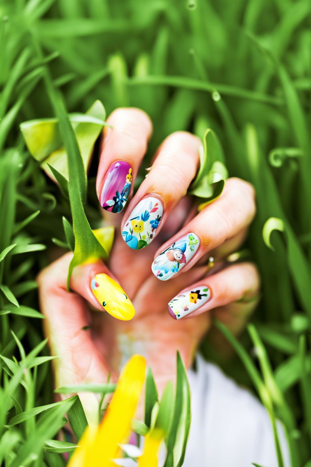 This is another professional, high-quality photograph of Easter-themed nail art, this time featuring a more playful and casual vibe