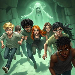 An intense fantasy scene set in the eerie Bahngarh Fort in India, featuring seven teenagers in a dramatic moment of fear as they run away from a ghostly figure