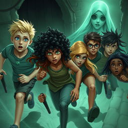 An intense fantasy scene set in the eerie Bahngarh Fort in India, featuring seven teenagers in a dramatic moment of fear as they run away from a ghostly figure