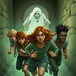 An intense fantasy scene set in the eerie Bahngarh Fort in India, featuring seven teenagers in a dramatic moment of fear as they run away from a ghostly figure