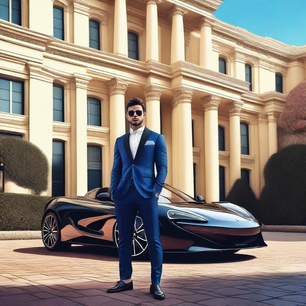 A vibrant digital art image showcasing a handsome, wealthy young man standing in front of his grand house with his McLaren sports car parked beside him