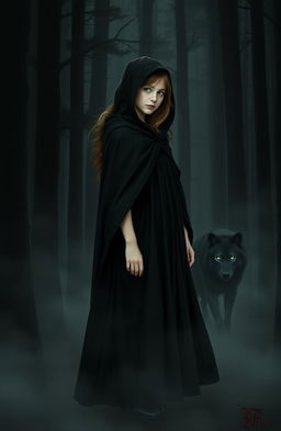 A girl wearing a flowing black cloak standing confidently in a dark, mysterious woods, surrounded by tall, shadowy trees