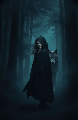 A girl wearing a flowing black cloak standing confidently in a dark, mysterious woods, surrounded by tall, shadowy trees