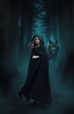 A girl wearing a flowing black cloak standing confidently in a dark, mysterious woods, surrounded by tall, shadowy trees