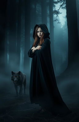 A girl wearing a flowing black cloak standing confidently in a dark, mysterious woods, surrounded by tall, shadowy trees