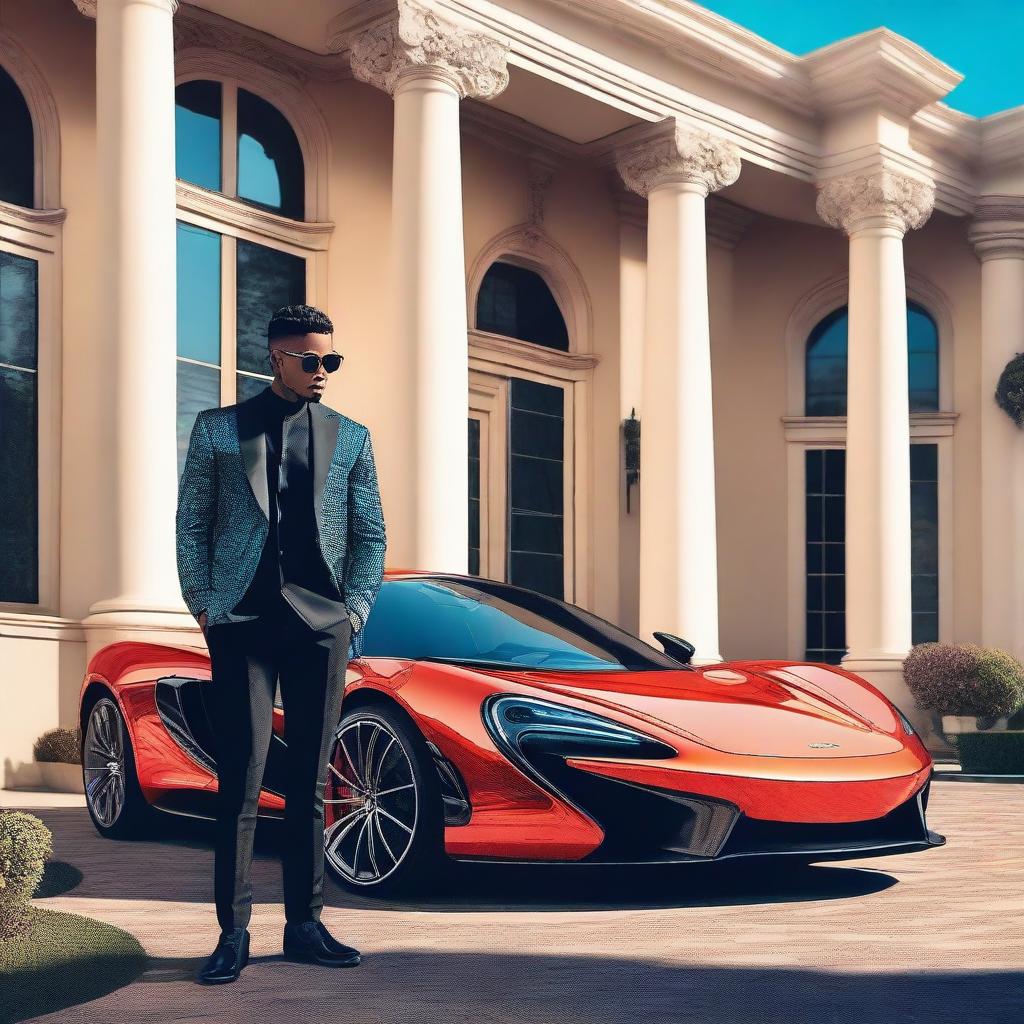 A vibrant digital art image showcasing a handsome, wealthy young man standing in front of his grand house with his McLaren sports car parked beside him