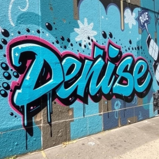 A vibrant street art mural featuring the name 'Denise' in bold graffiti style, using a dynamic aqua blue color