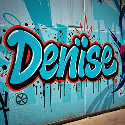 A vibrant street art mural featuring the name 'Denise' in bold graffiti style, using a dynamic aqua blue color