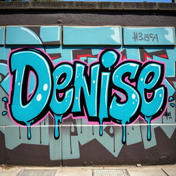 A vibrant street art mural featuring the name 'Denise' in bold graffiti style, using a dynamic aqua blue color