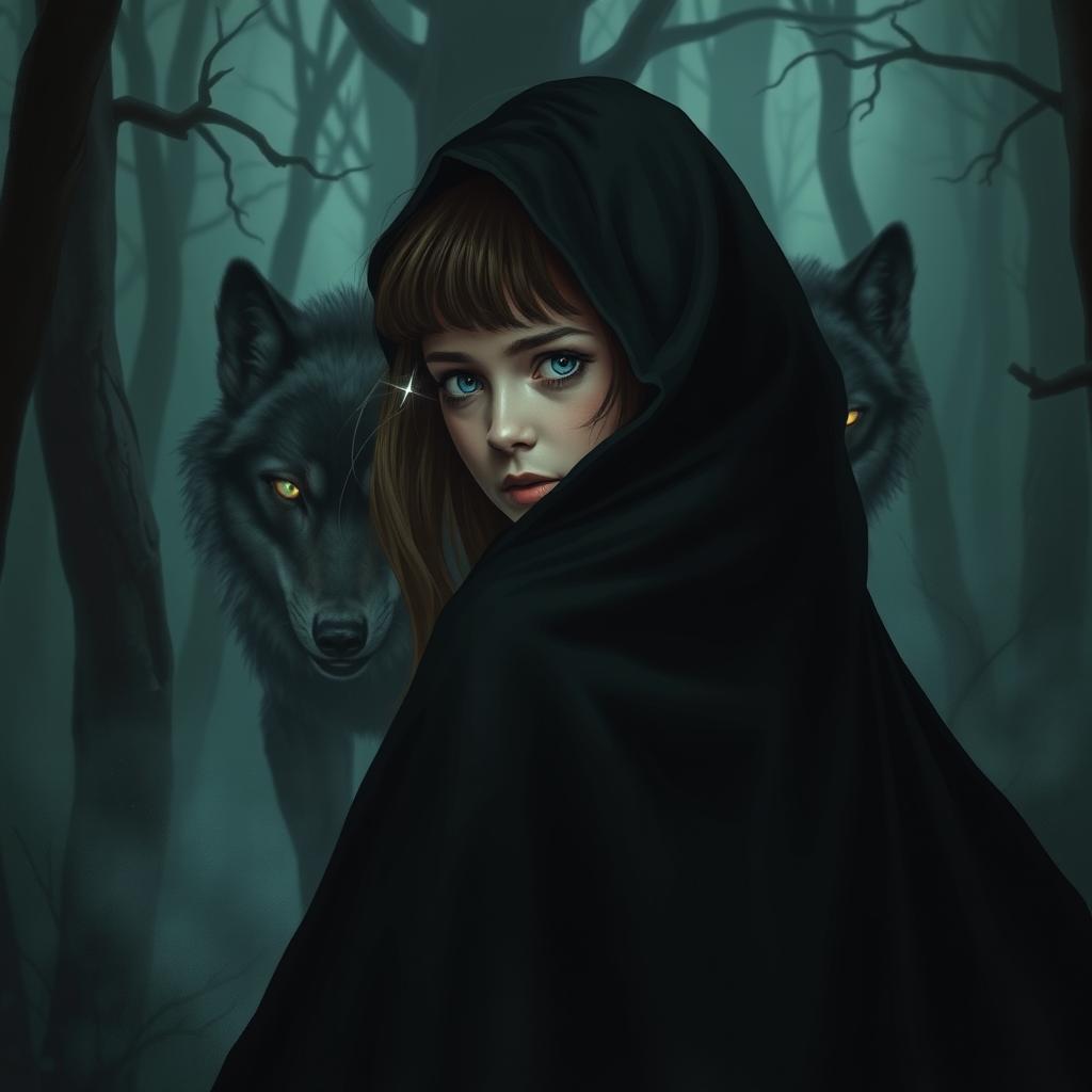 A girl in a flowing black cloak, revealing half of her face, standing in a dark, enchanting forest