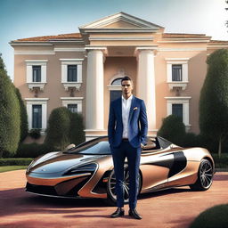 A vibrant digital art image showcasing a handsome, wealthy young man standing in front of his grand house with his McLaren sports car parked beside him