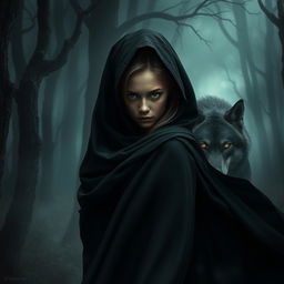 A girl in a flowing black cloak, revealing half of her face, standing in a dark, enchanting forest