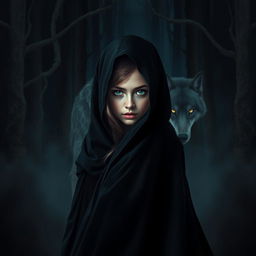 A girl in a flowing black cloak, revealing half of her face, standing in a dark, enchanting forest