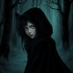 A girl in a flowing black cloak, revealing half of her face, standing in a dark, enchanting forest