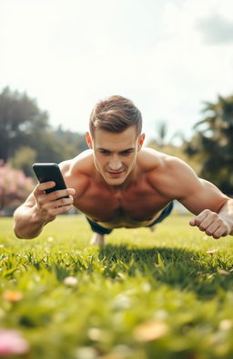 An inspiring image of a fit individual, a young adult Caucasian man, exercising outdoors in a lush green park, while looking at a Bible verse on his smartphone