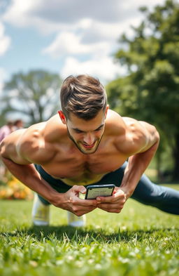 An inspiring image of a fit individual, a young adult Caucasian man, exercising outdoors in a lush green park, while looking at a Bible verse on his smartphone