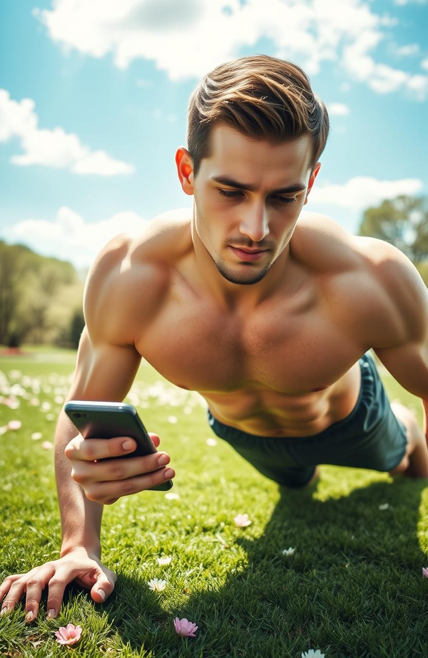 An inspiring image of a fit individual, a young adult Caucasian man, exercising outdoors in a lush green park, while looking at a Bible verse on his smartphone