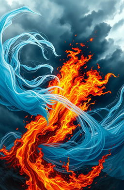 A dynamic and intense depiction of the clash between wind and fire