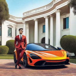 A vibrant digital art image showcasing a handsome, wealthy young man standing in front of his grand house with his McLaren sports car parked beside him