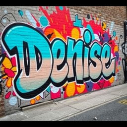 A large, vibrant graffiti mural featuring the name 'Denise' prominently displayed in bold aqua blue letters, surrounded by artistic splashes of color, abstract shapes, and dynamic patterns