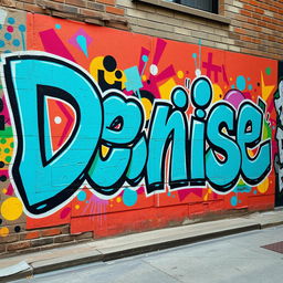 A large, vibrant graffiti mural featuring the name 'Denise' prominently displayed in bold aqua blue letters, surrounded by artistic splashes of color, abstract shapes, and dynamic patterns