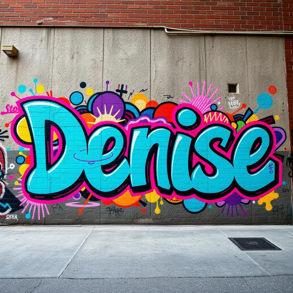 A large, vibrant graffiti mural featuring the name 'Denise' prominently displayed in bold aqua blue letters, surrounded by artistic splashes of color, abstract shapes, and dynamic patterns