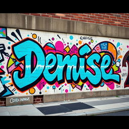 A large, vibrant graffiti mural featuring the name 'Denise' prominently displayed in bold aqua blue letters, surrounded by artistic splashes of color, abstract shapes, and dynamic patterns