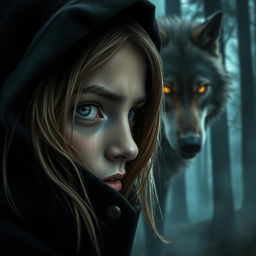A close-up of a girl with dirty blonde hair peeking out from a black cloak, revealing half of her face in a dark, enchanted forest