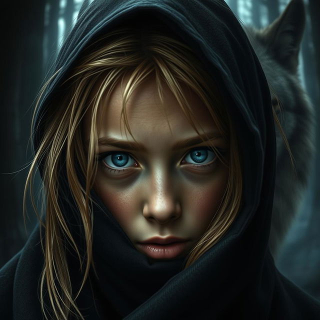 A close-up of a girl with dirty blonde hair peeking out from a black cloak, revealing half of her face in a dark, enchanted forest