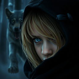A close-up of a girl with dirty blonde hair peeking out from a black cloak, revealing half of her face in a dark, enchanted forest