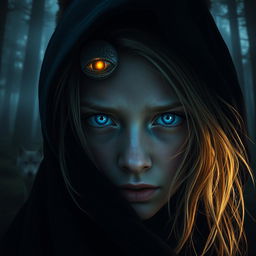 A close-up of a girl with dirty blonde hair peeking out from a black cloak, revealing half of her face in a dark, enchanted forest