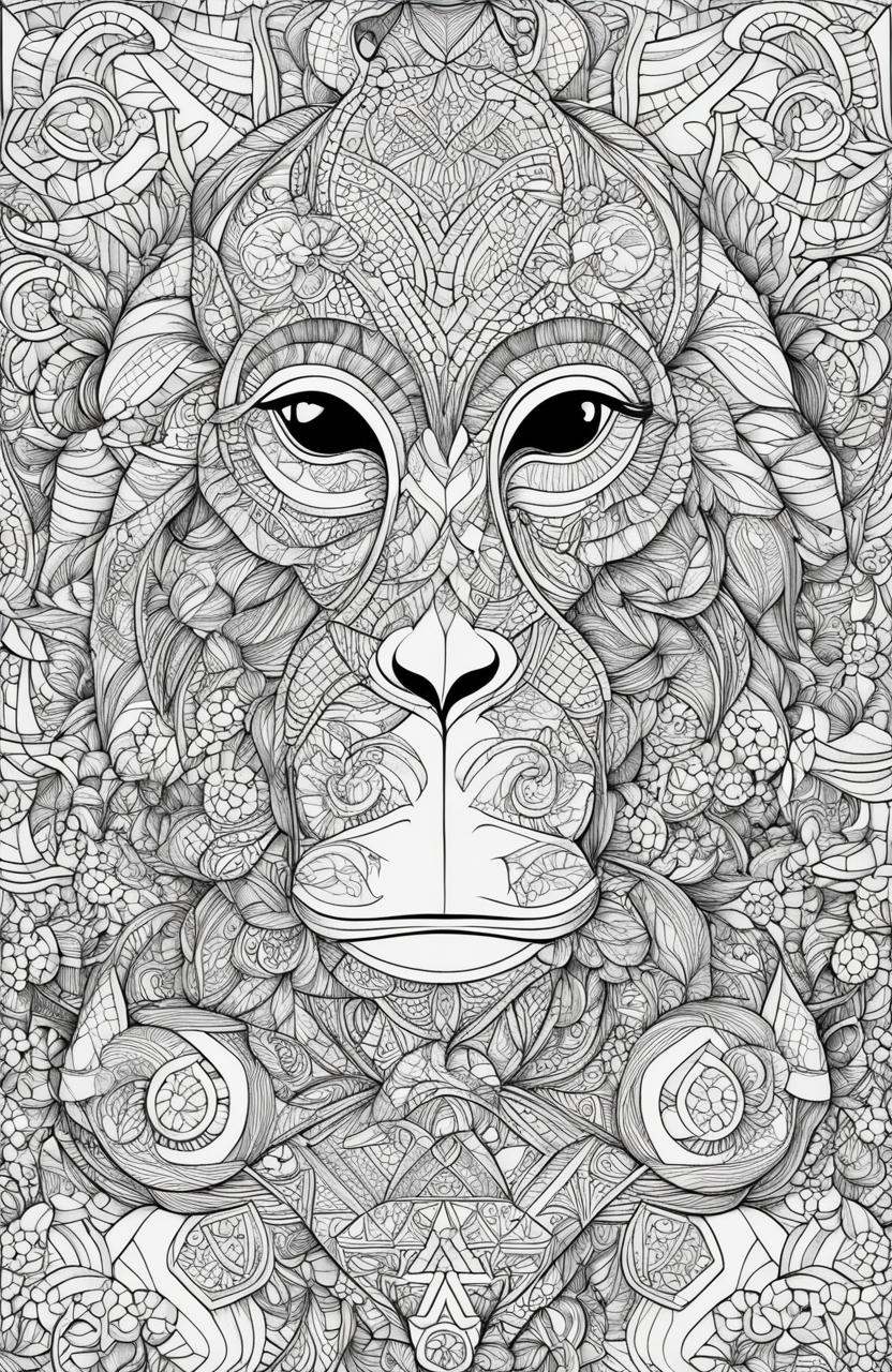 An abstract, high-resolution colouring page featuring a geometrically designed monkey in the style of Johanna Basford