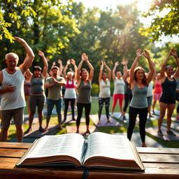 A serene and inspiring scene of a fitness class held outdoors, surrounded by lush greenery and the warmth of sunlight filtering through the trees