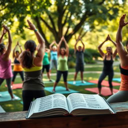 A serene and inspiring scene of a fitness class held outdoors, surrounded by lush greenery and the warmth of sunlight filtering through the trees