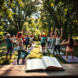 A serene and inspiring scene of a fitness class held outdoors, surrounded by lush greenery and the warmth of sunlight filtering through the trees