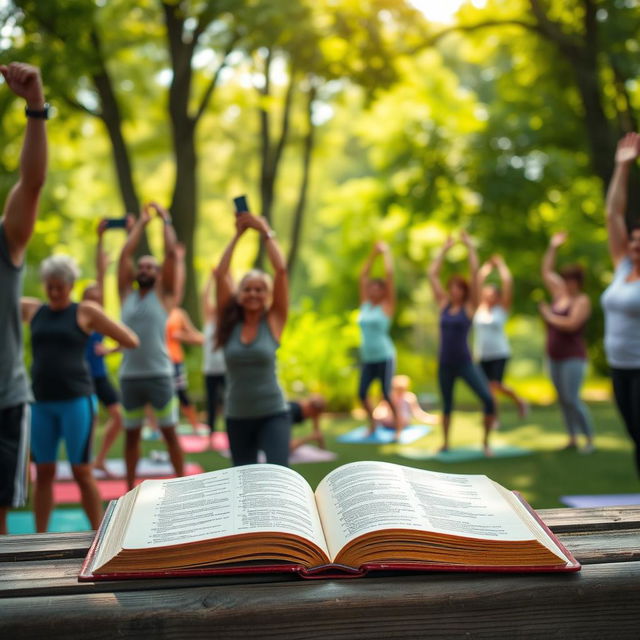 A serene and inspiring scene of a fitness class held outdoors, surrounded by lush greenery and the warmth of sunlight filtering through the trees