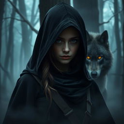 A hunter girl clad in a black cloak, revealing half of her face, stands poised in the dark woods