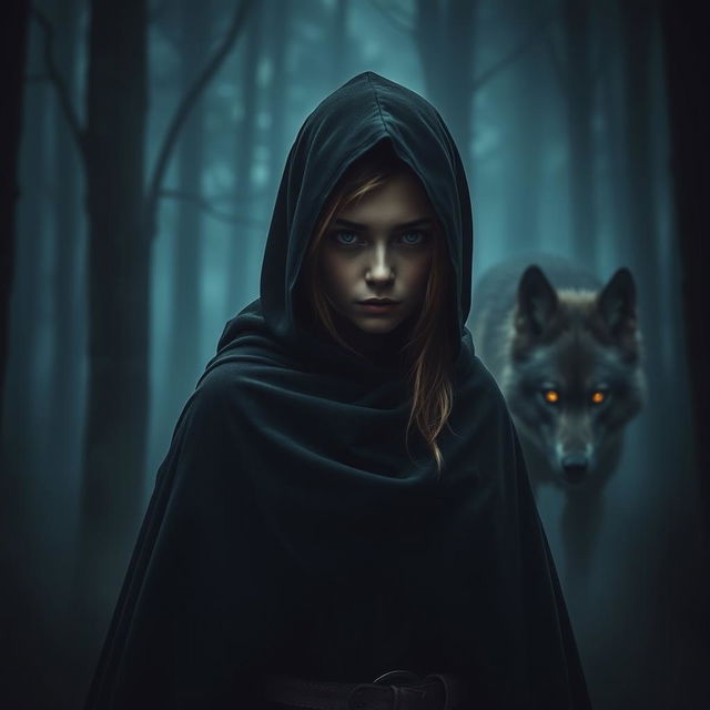 A hunter girl clad in a black cloak, revealing half of her face, stands poised in the dark woods