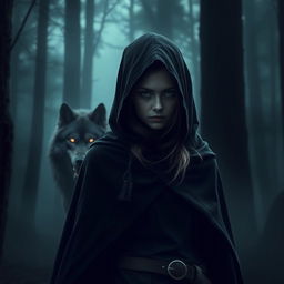 A hunter girl clad in a black cloak, revealing half of her face, stands poised in the dark woods