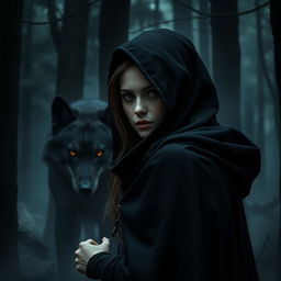 A hunter girl clad in a black cloak, revealing half of her face, stands poised in the dark woods