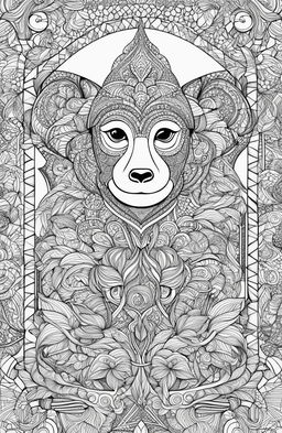 An abstract, high-resolution colouring page featuring a geometrically designed monkey in the style of Johanna Basford