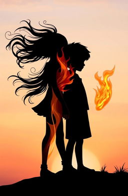 Two silhouettes, one of a girl and one of a boy, both in profile view, where the girl signifies the element of wind with flowing hair and swirling patterns surrounding her, and the boy represents the element of fire with flames and sparks emanating from his figure