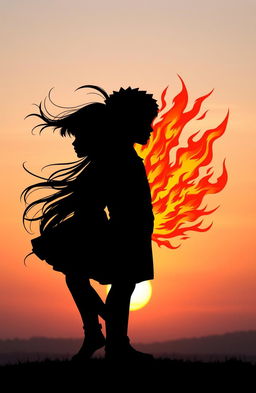 Two silhouettes, one of a girl and one of a boy, both in profile view, where the girl signifies the element of wind with flowing hair and swirling patterns surrounding her, and the boy represents the element of fire with flames and sparks emanating from his figure