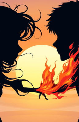 Two silhouettes, one of a girl and one of a boy, both in profile view, where the girl signifies the element of wind with flowing hair and swirling patterns surrounding her, and the boy represents the element of fire with flames and sparks emanating from his figure