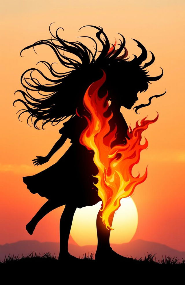 Two silhouettes, one of a girl and one of a boy, both in profile view, where the girl signifies the element of wind with flowing hair and swirling patterns surrounding her, and the boy represents the element of fire with flames and sparks emanating from his figure